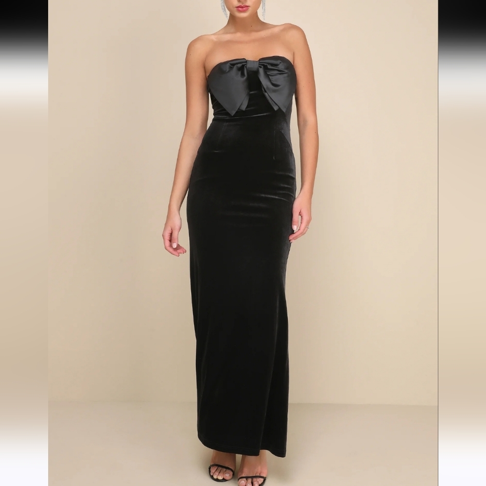 Lulu's Dramatic Stunner Black Velvet Bow Strapless Maxi Dress Size S Glam Galas